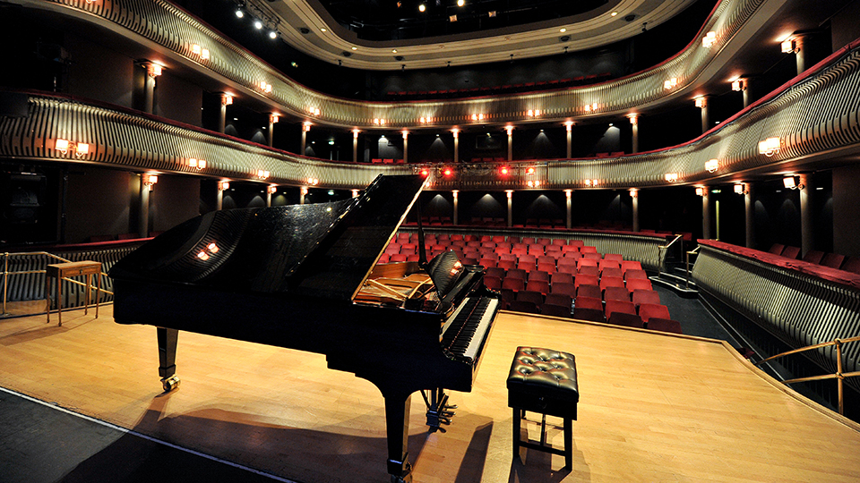 Piano on stage in the RCM's Britten Theatre